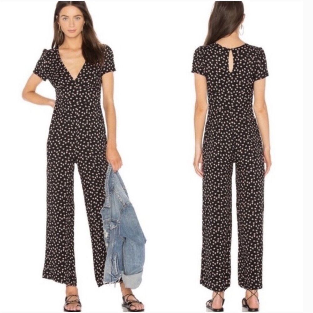 FREE PEOPLE Mia Short Sleeve Black Floral Wide Leg Jumpsuit Size 2 XS FP Pink